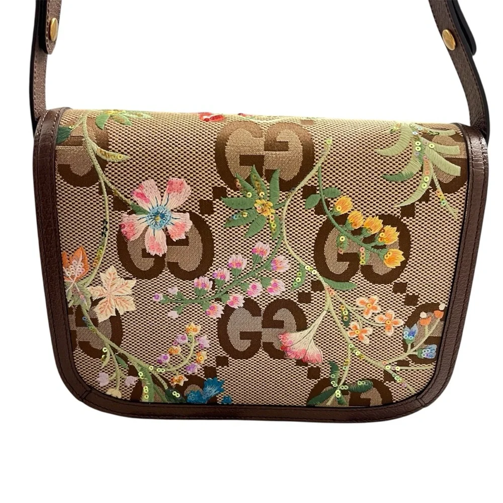 GUCCI Jumbo GG Floral Embroidered 1955 Authentic Horsebit Shoulder Bag - Picture 2 of 10